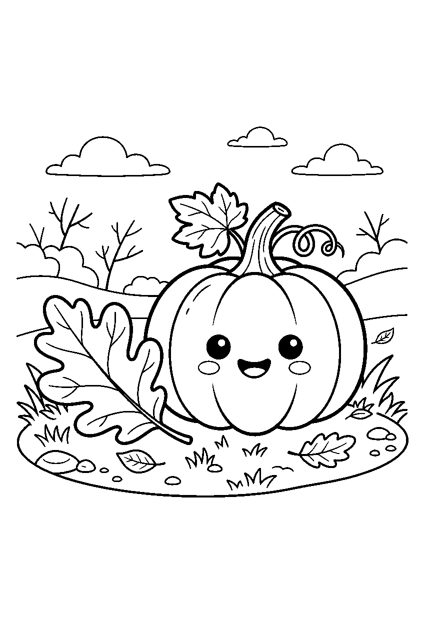 cute pumpkin smiling beside leaf in autumn field line art