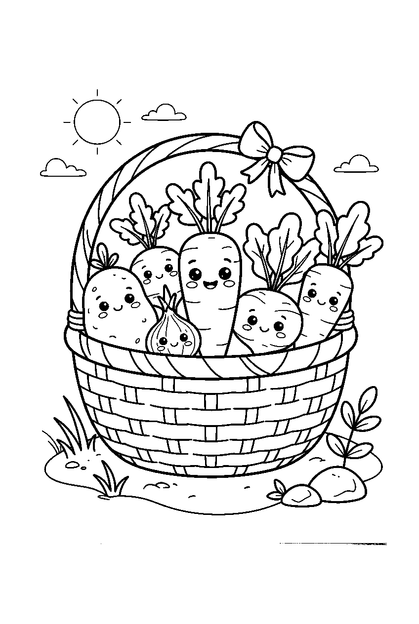 cute root vegetables with one smiling carrot in garden basket line art