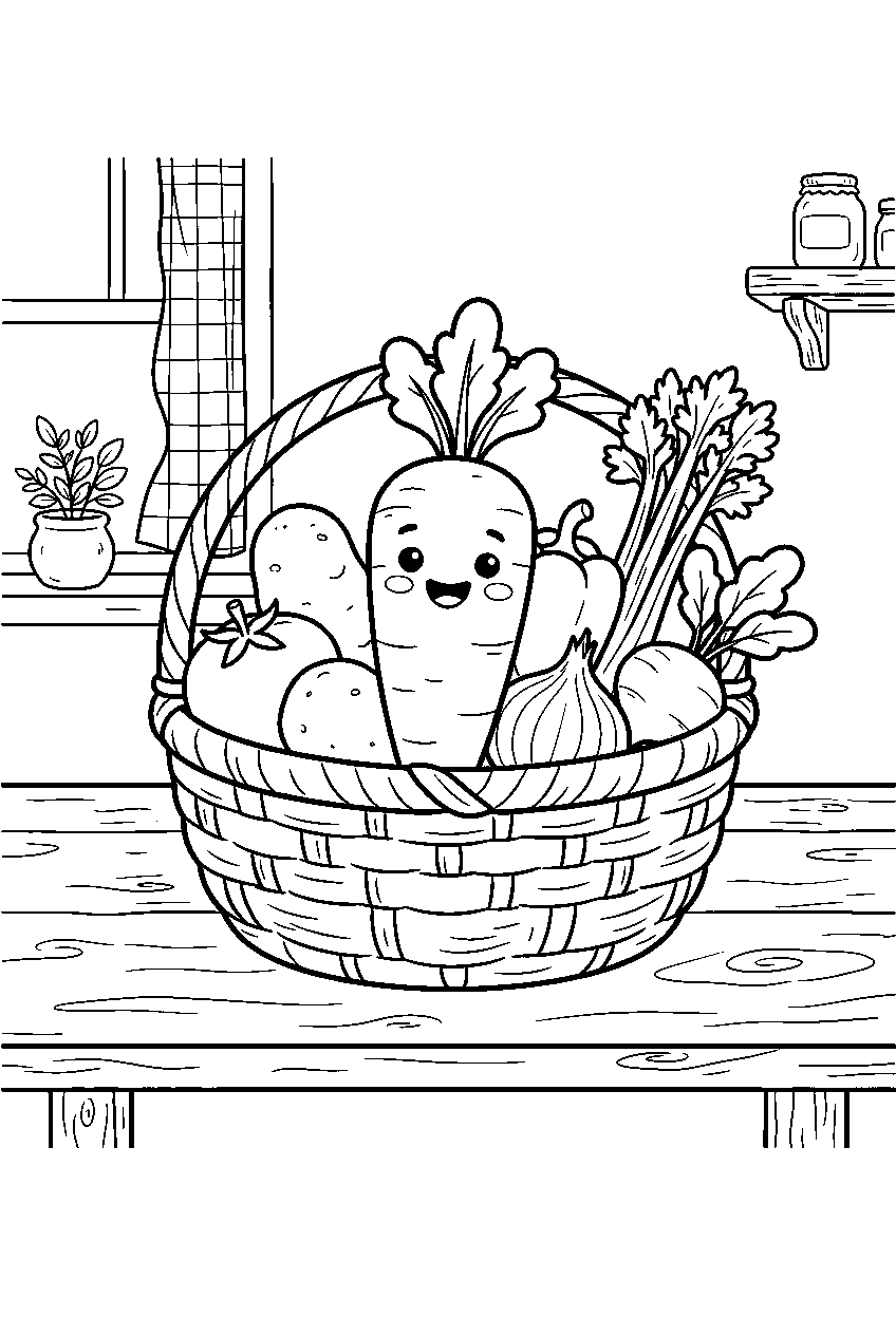 cute vegetable basket with one smiling carrot on farmhouse kitchen table line art