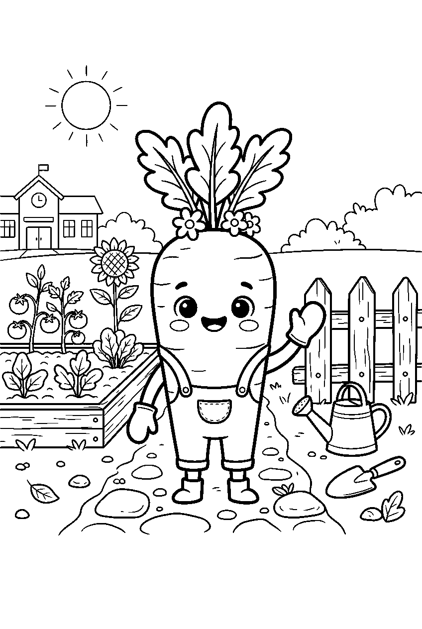 cute vegetable character smiling in school garden line art