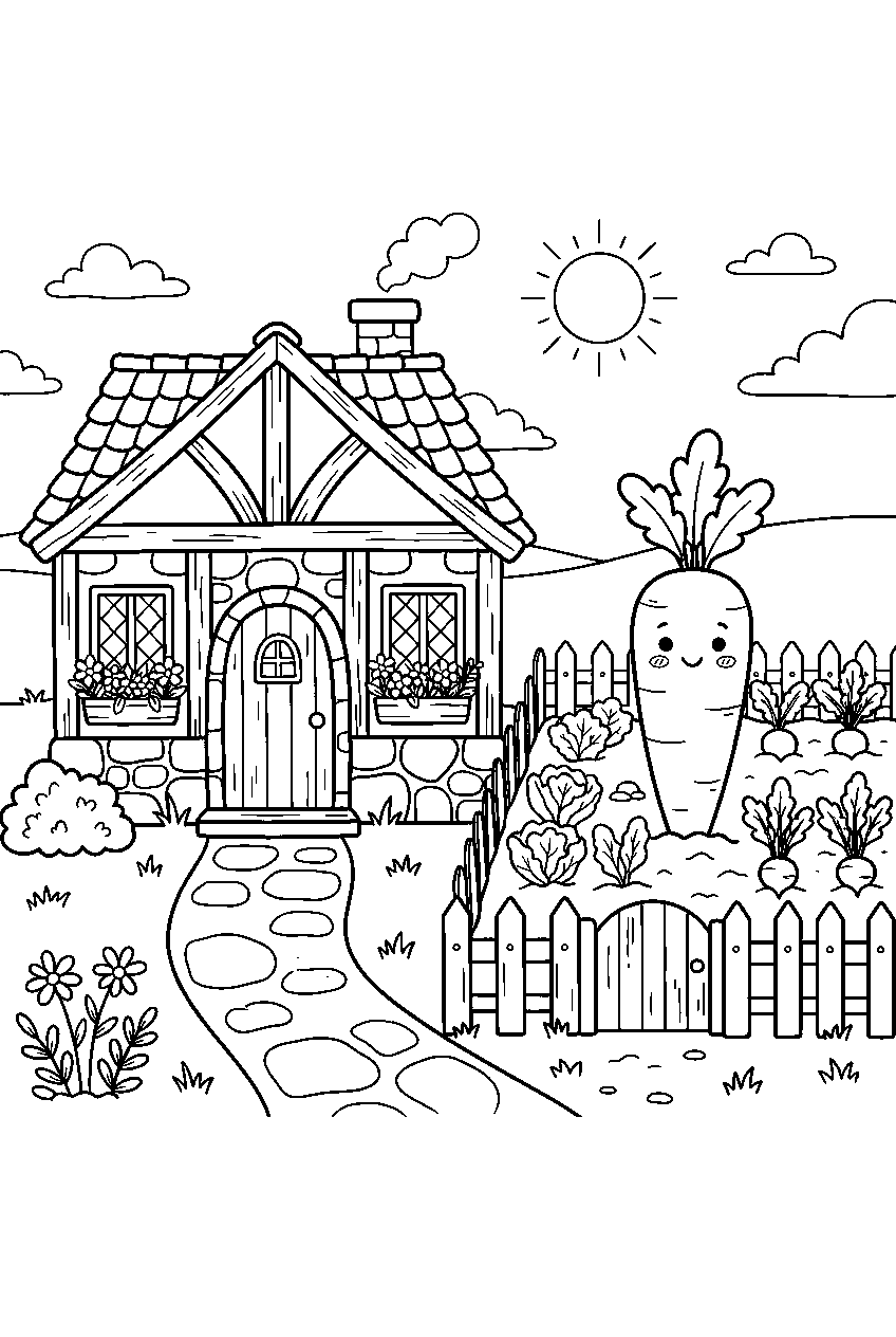 cute vegetable garden with one smiling carrot behind country cottage line art