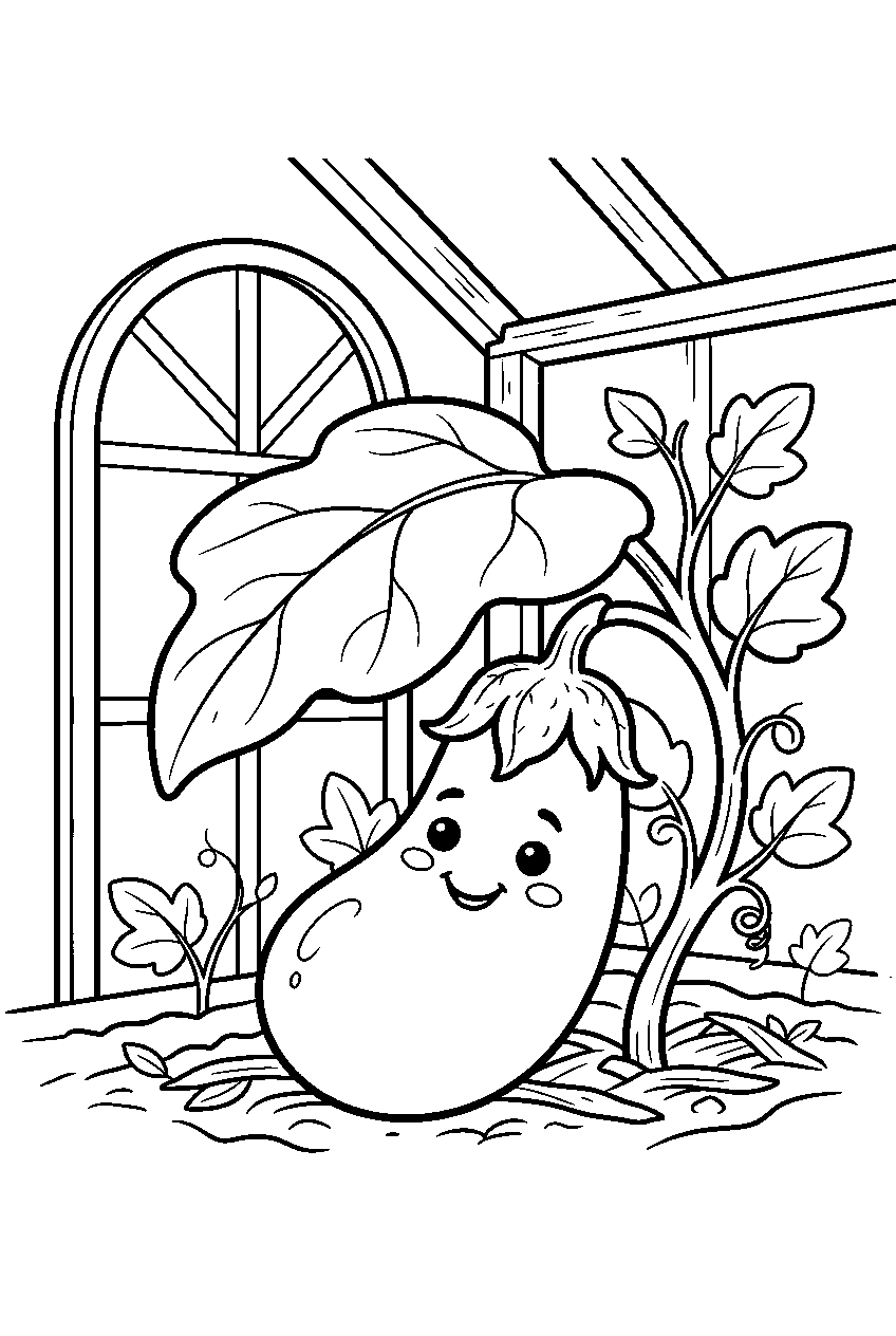 eggplant smiling beneath leaf inside greenhouse line art