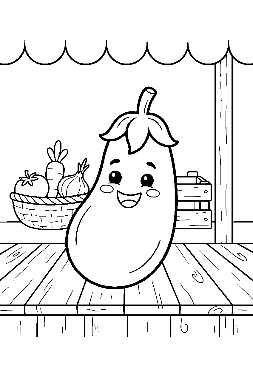 eggplant smiling on market stall table line art