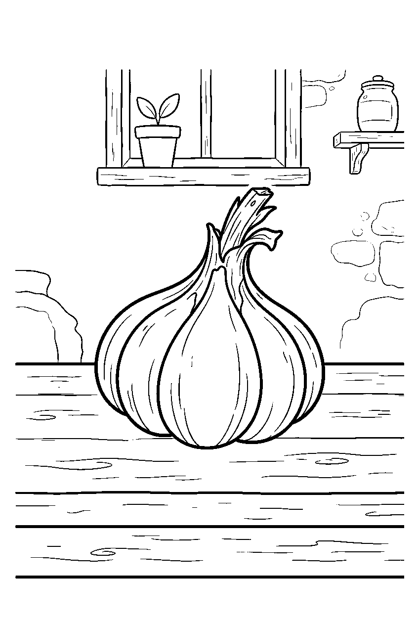 garlic bulb resting on farmhouse kitchen table line art