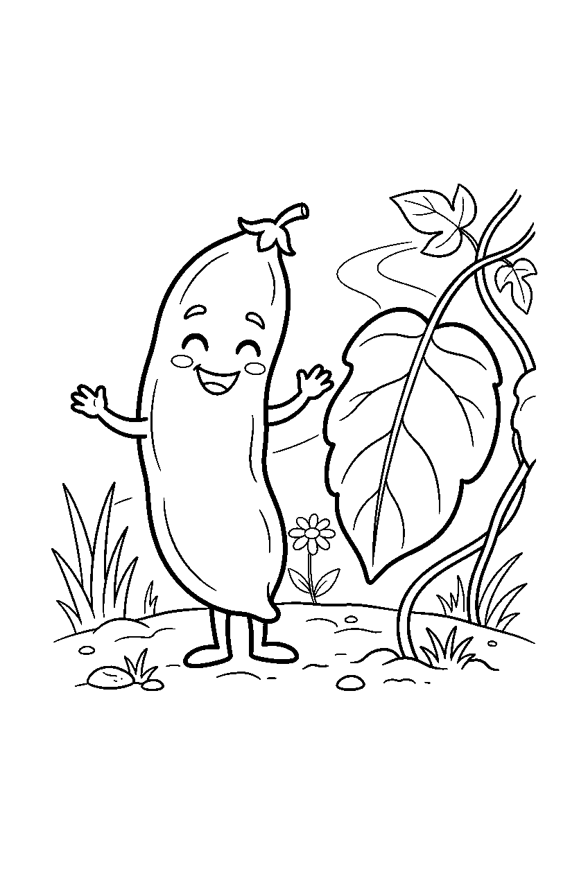 green bean smiling beside leaf in simple garden line art