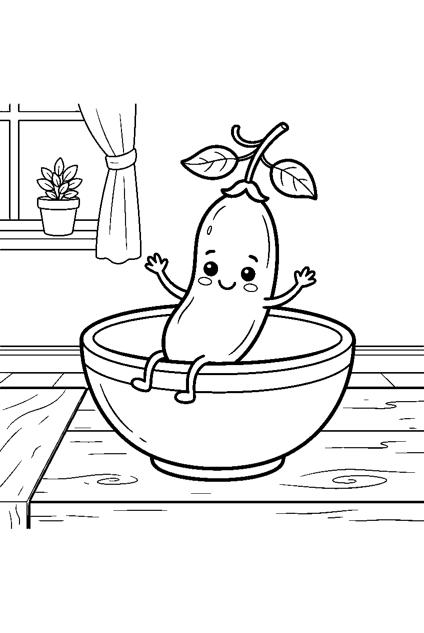 green bean smiling in simple bowl on kitchen table line art