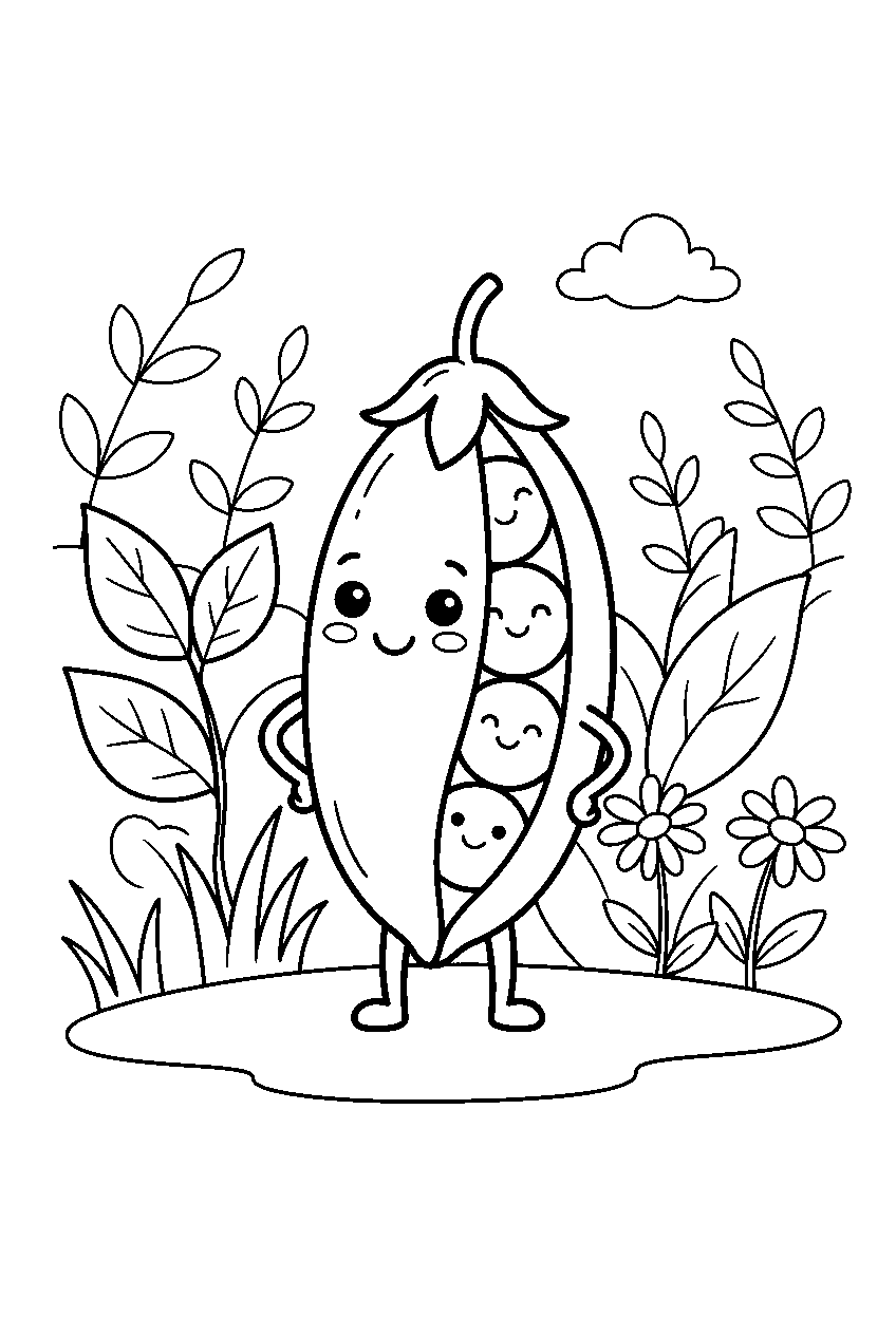 green pea pod smiling in simple garden line art