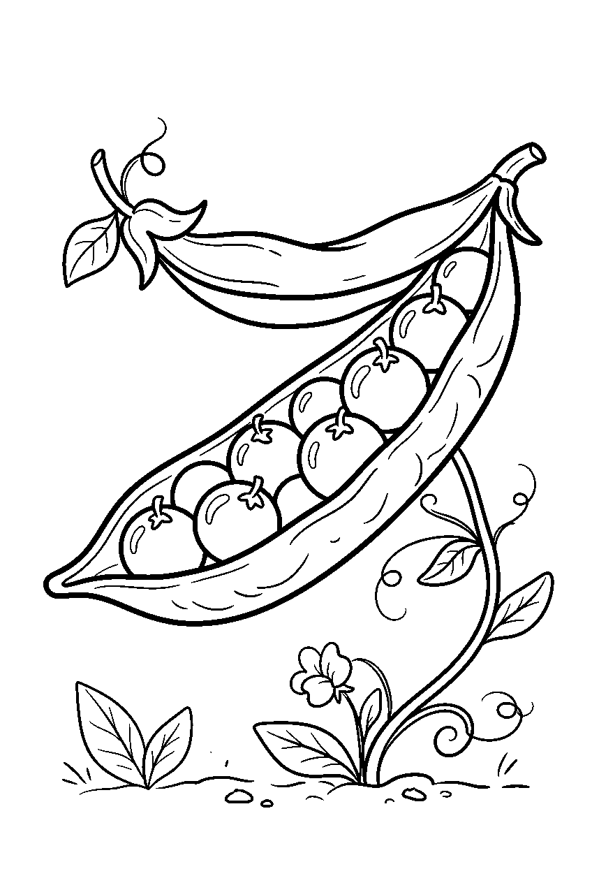 green peas filling open pod in garden line art