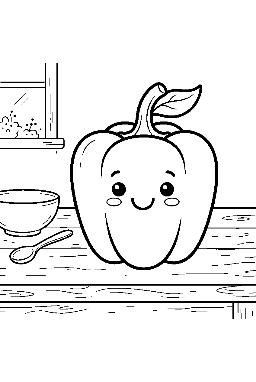 kawaii bell pepper smiling on kitchen table line art