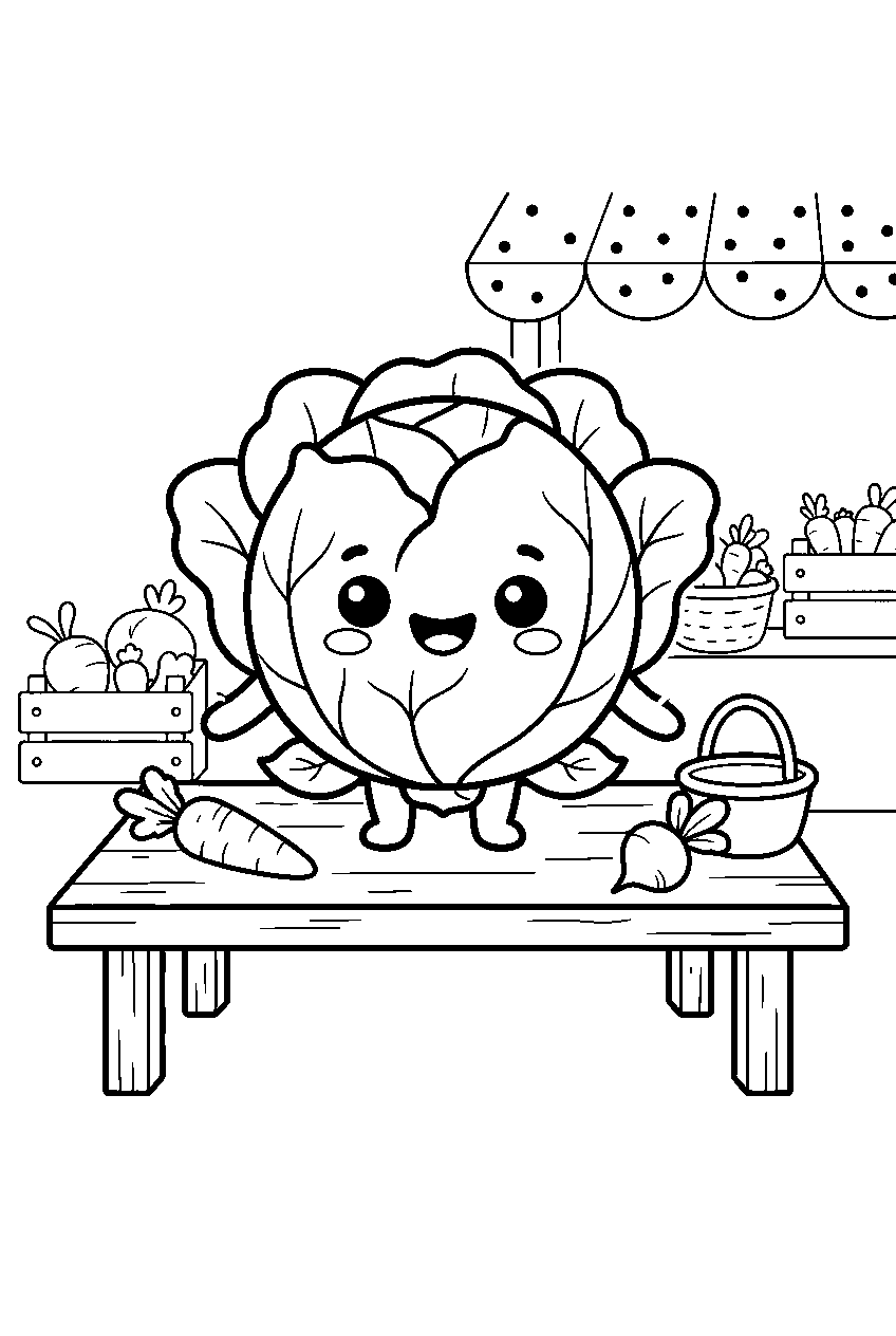 kawaii cabbage smiling on farmers market table line art