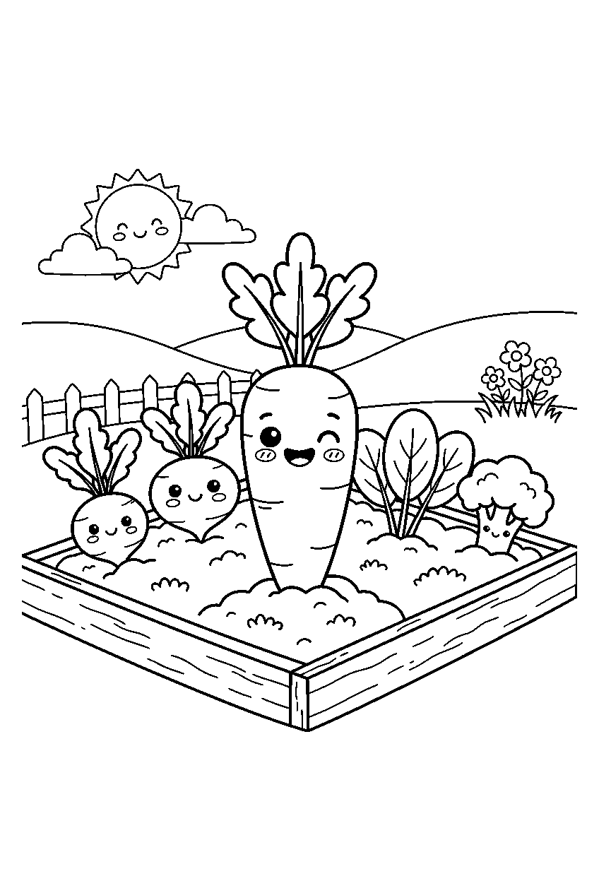 kawaii garden vegetables with one smiling carrot in simple farm plot line art