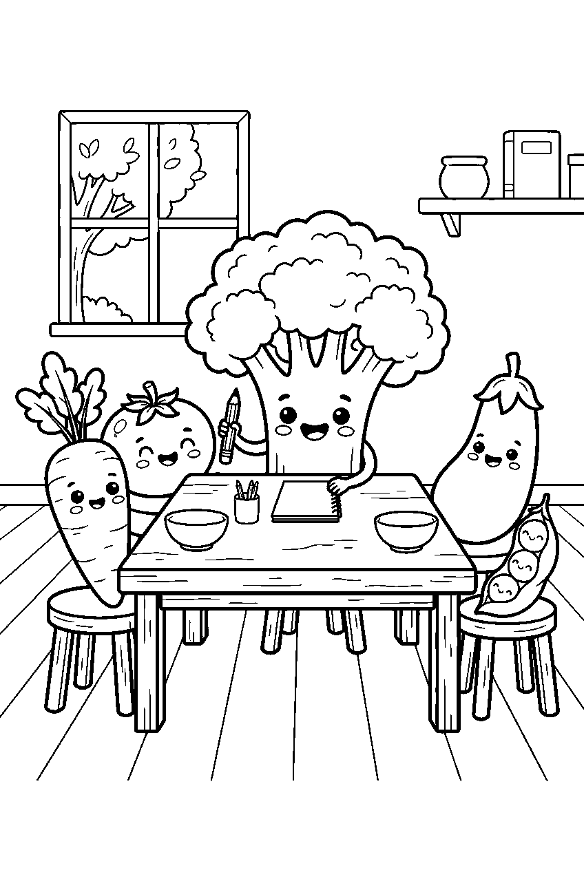kawaii healthy vegetables with one smiling broccoli at classroom table line art