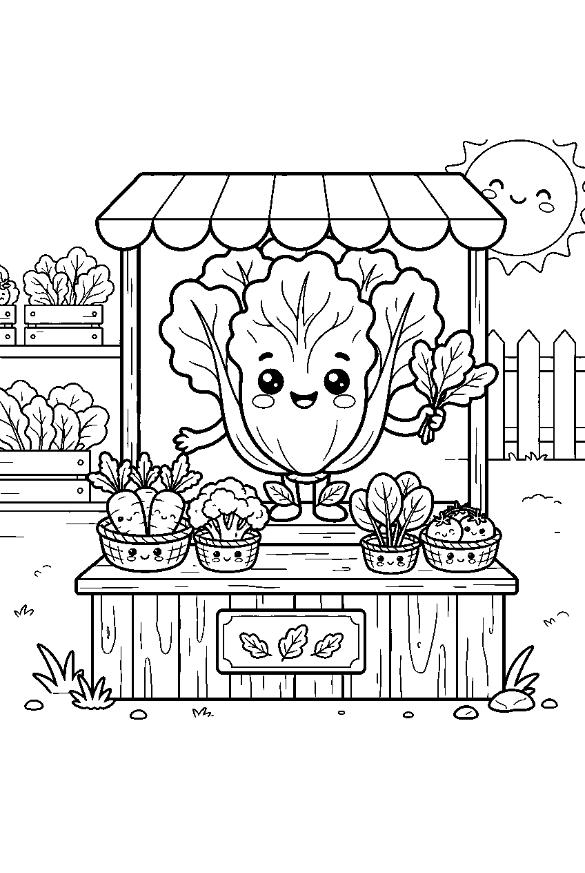kawaii leafy vegetables with one smiling lettuce at produce stand line art