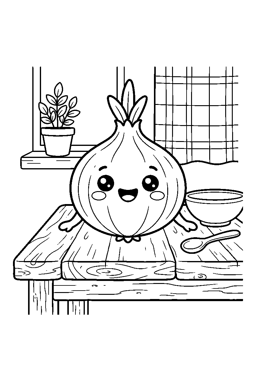 kawaii onion smiling on farmhouse kitchen table line art