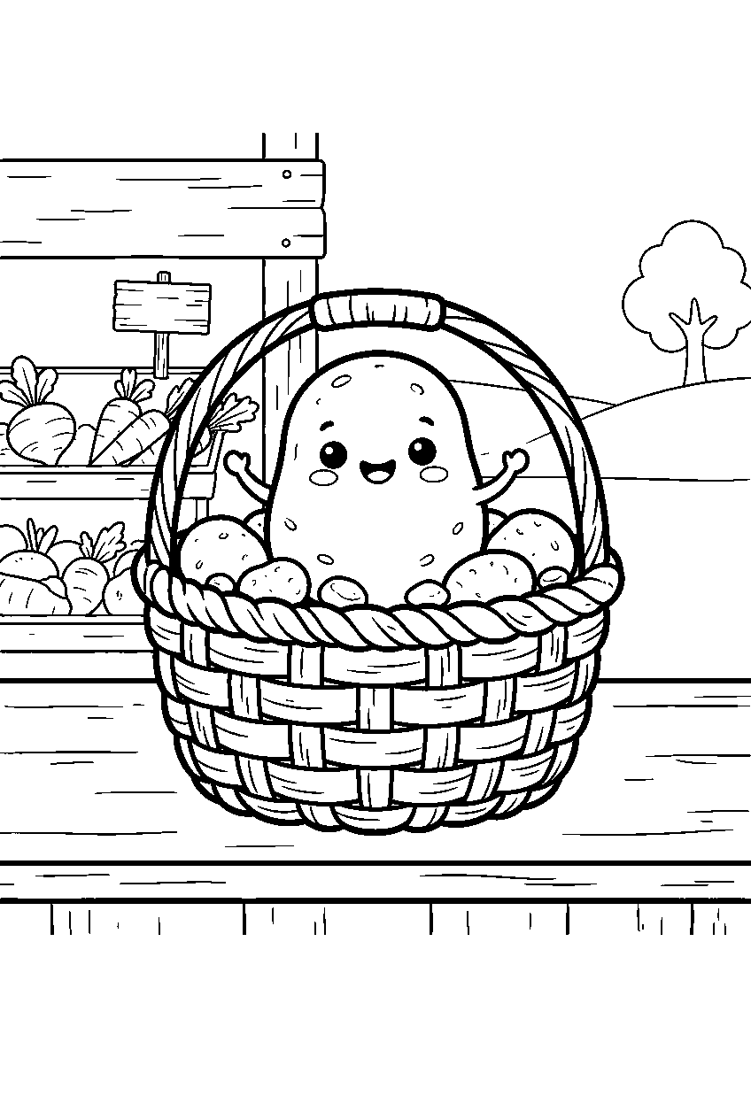 kawaii potato smiling inside farm basket at roadside stand line art