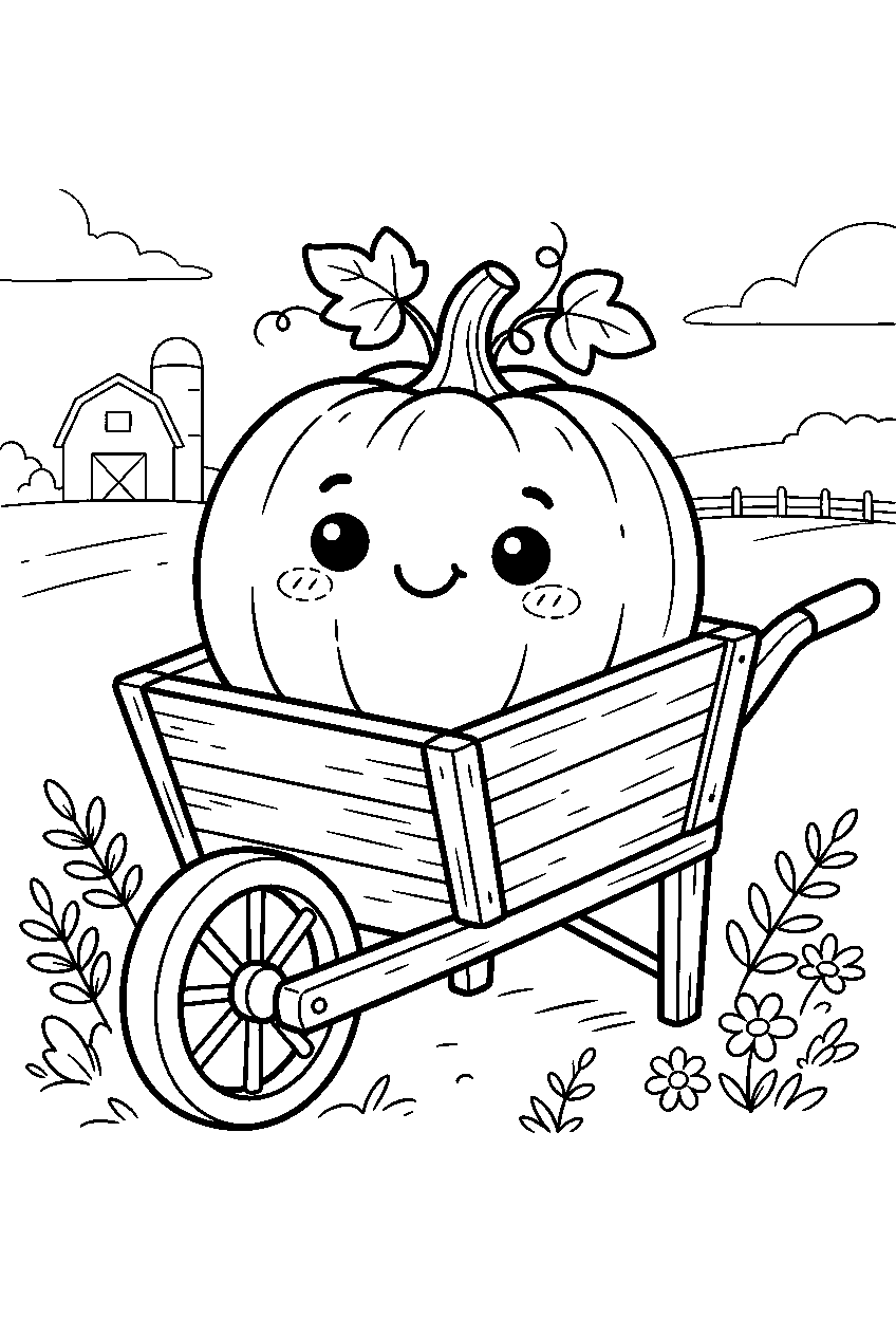 kawaii pumpkin smiling inside farm wheelbarrow line art
