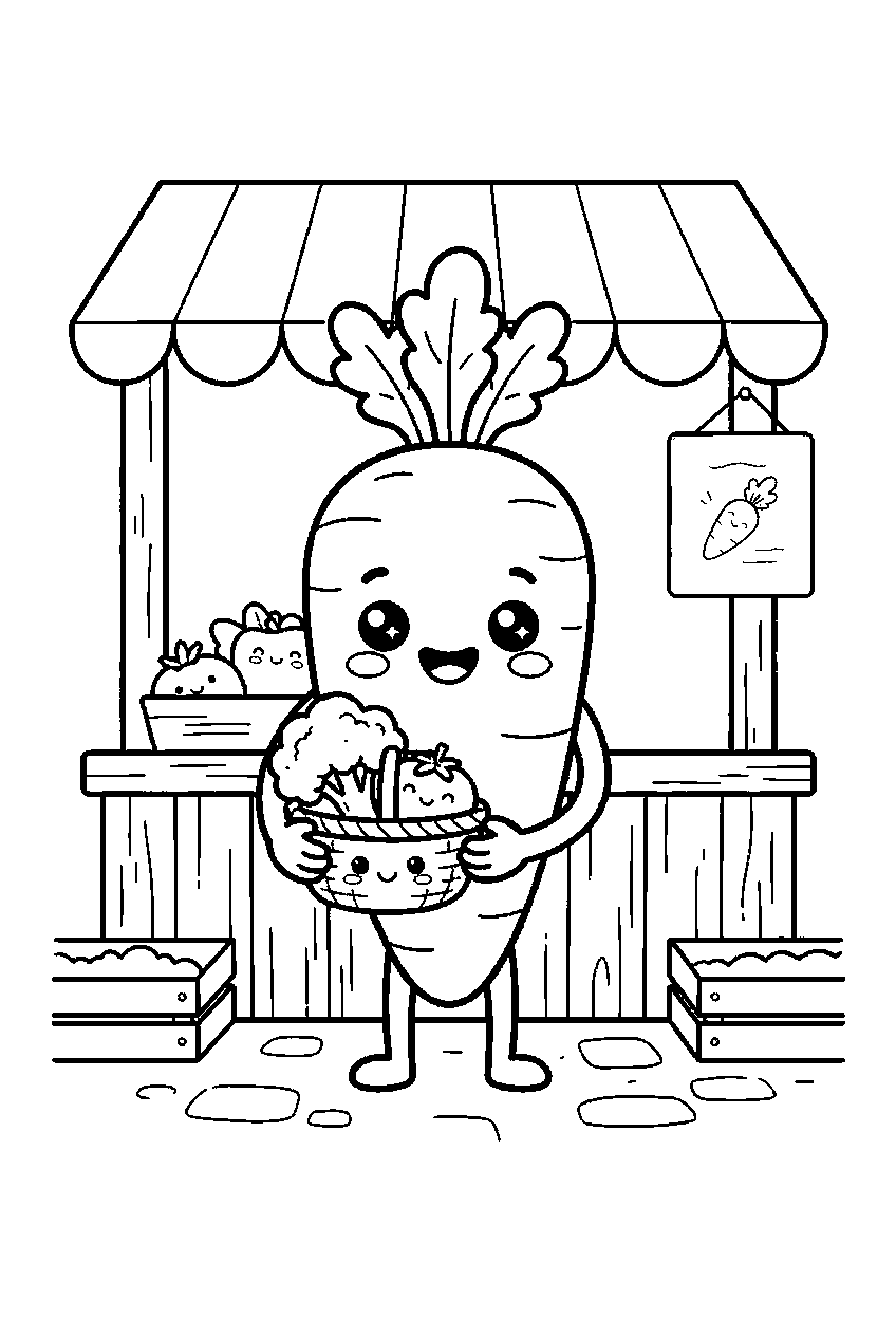 kawaii vegetable character smiling at farmers market line art