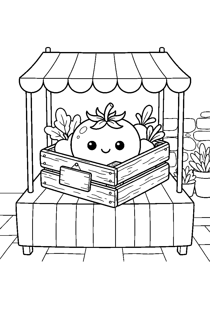 kawaii vegetable crate with one smiling tomato at farmers market stall line art
