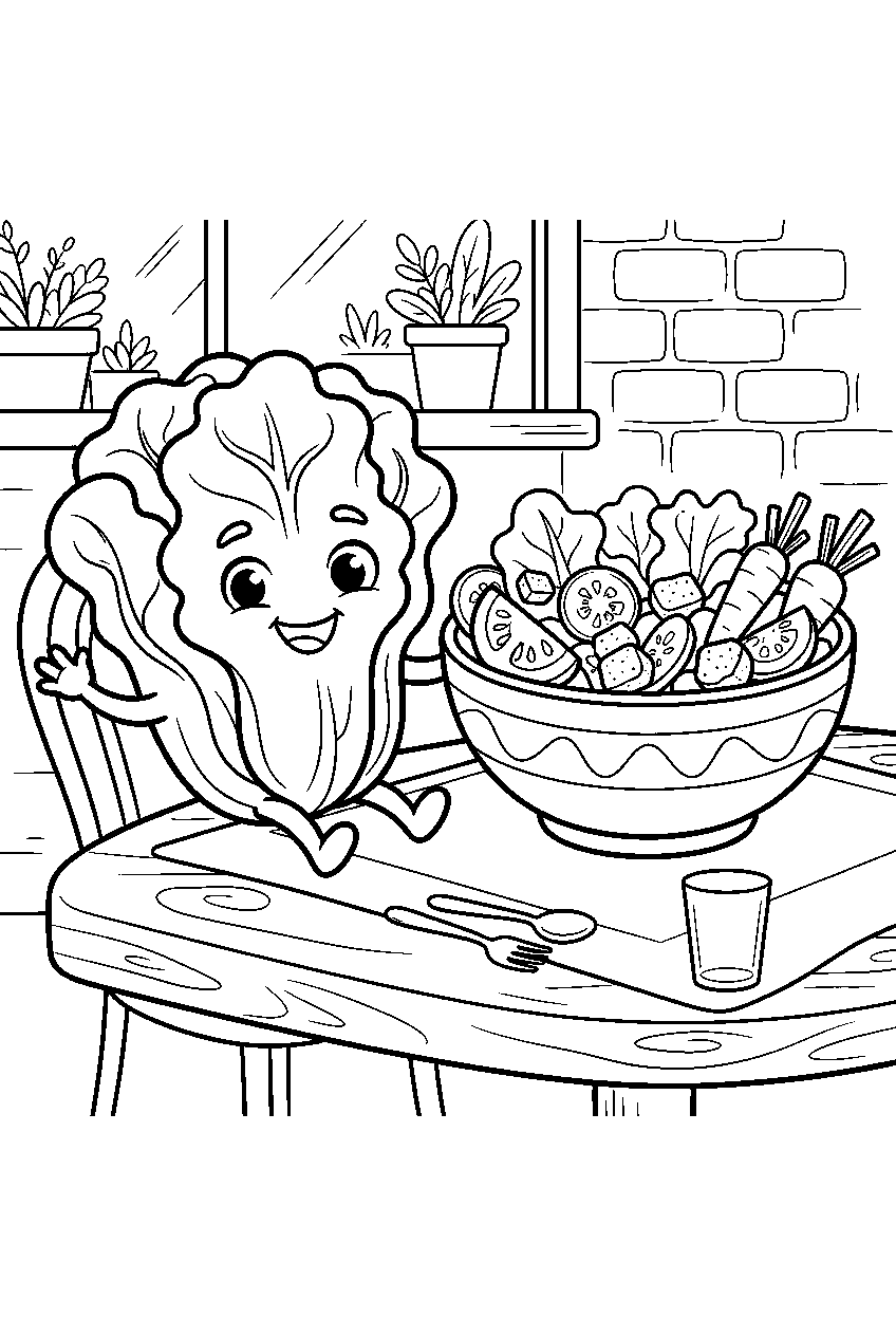 lettuce smiling beside salad bowl at cafe line art