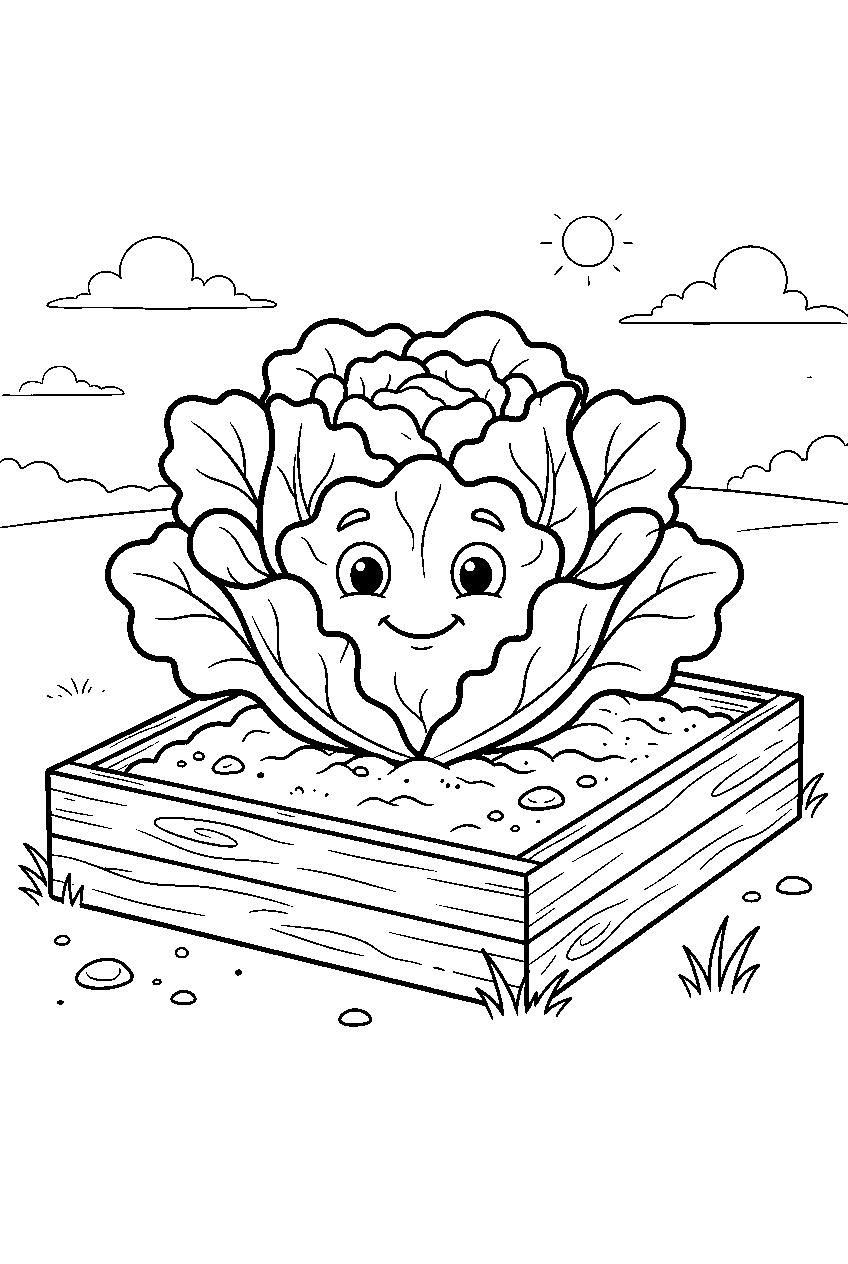 lettuce smiling in raised garden bed line art