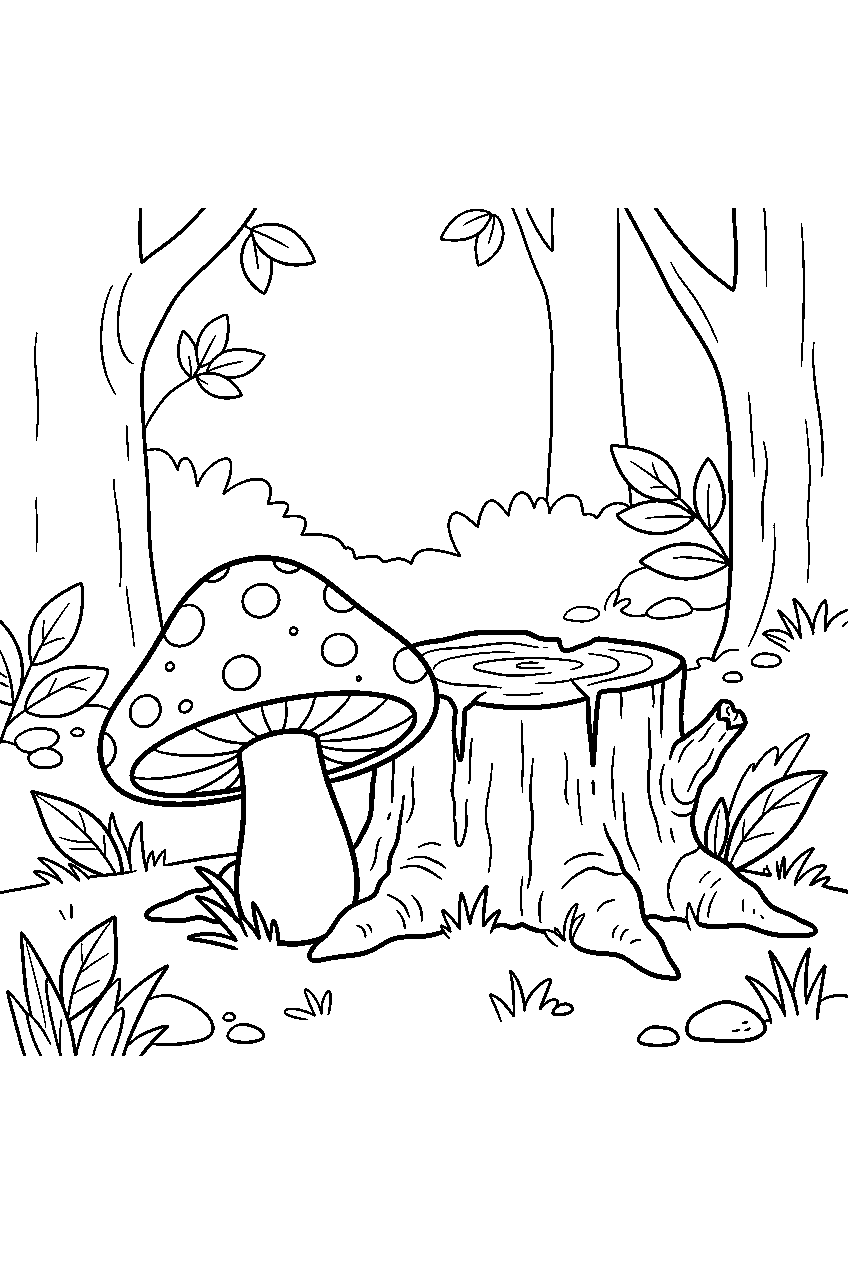 mushroom resting beside tree stump in forest line art