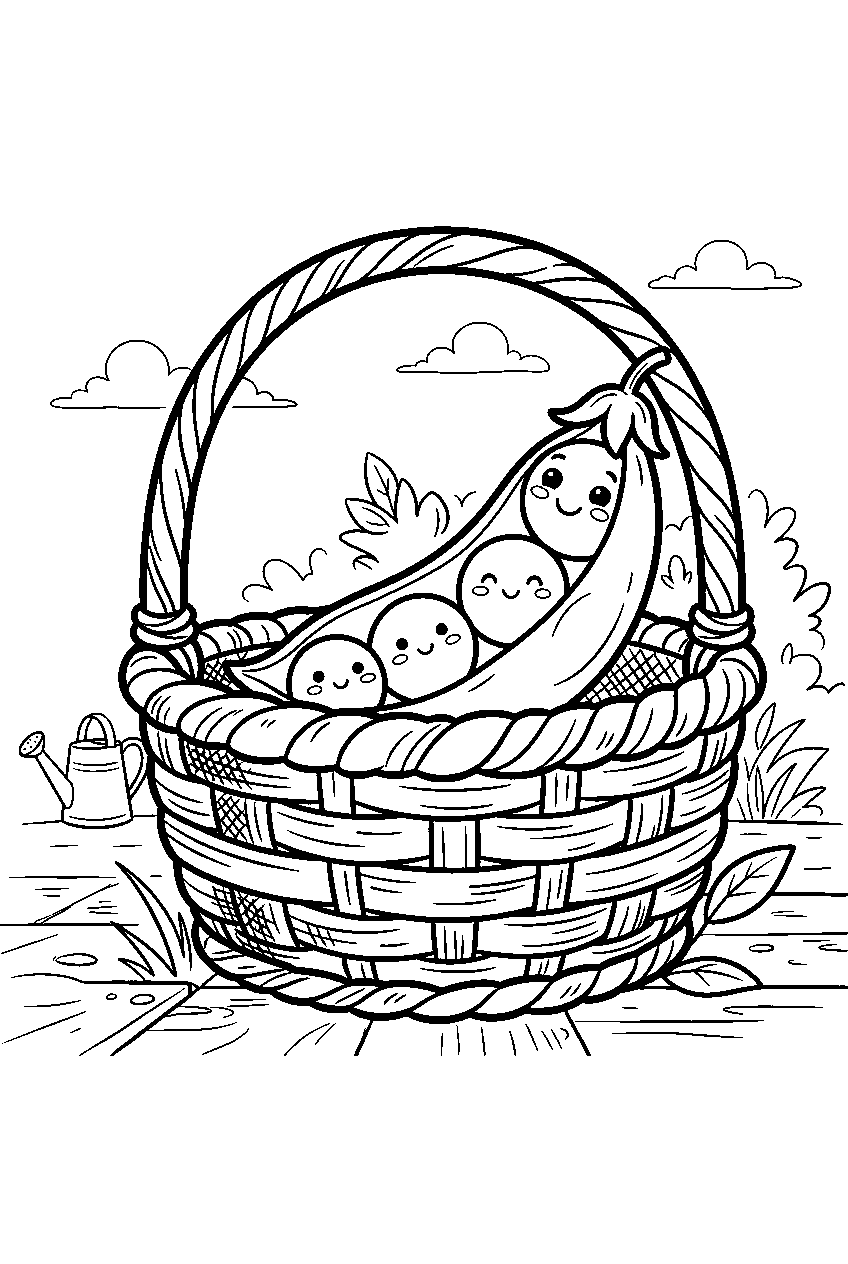 pea pod smiling inside farm basket line art