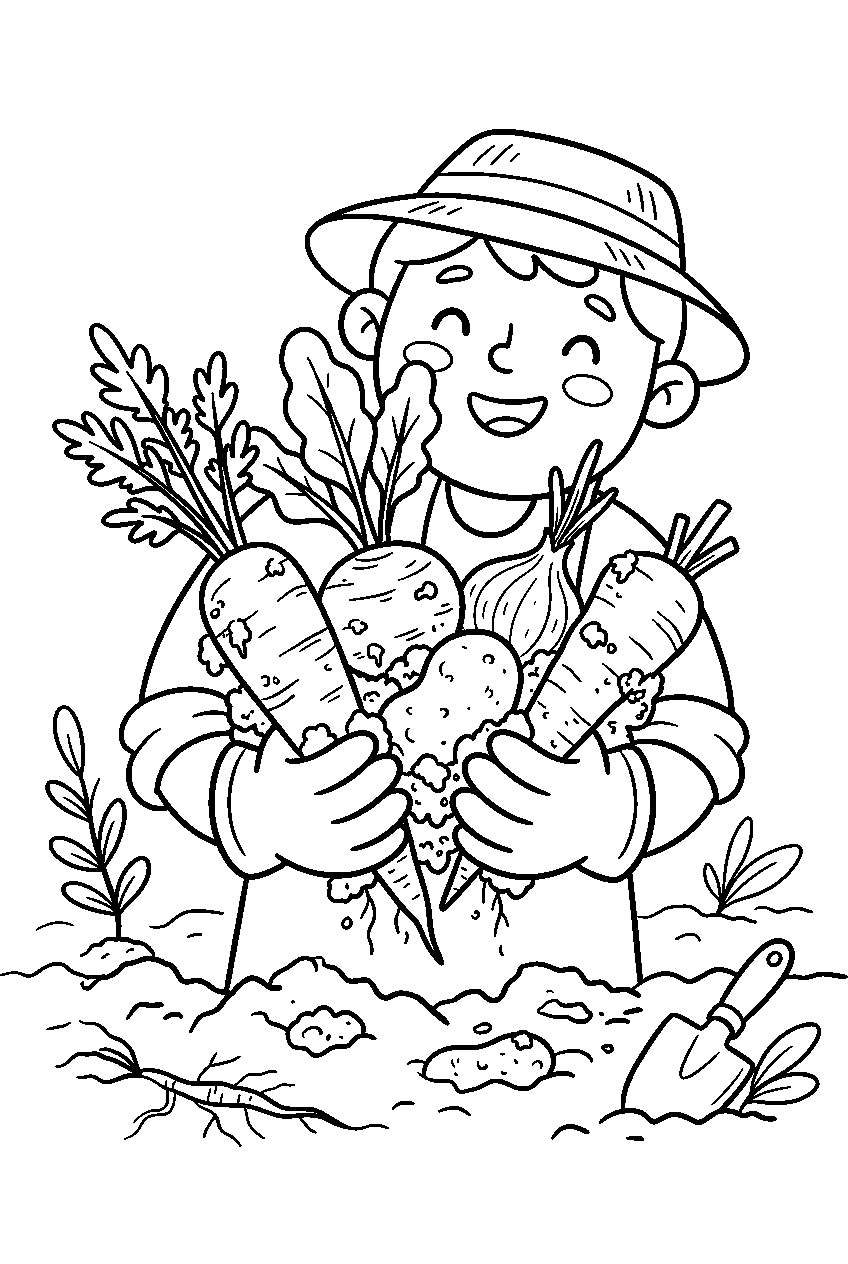 root vegetables pulled from soil in garden line art