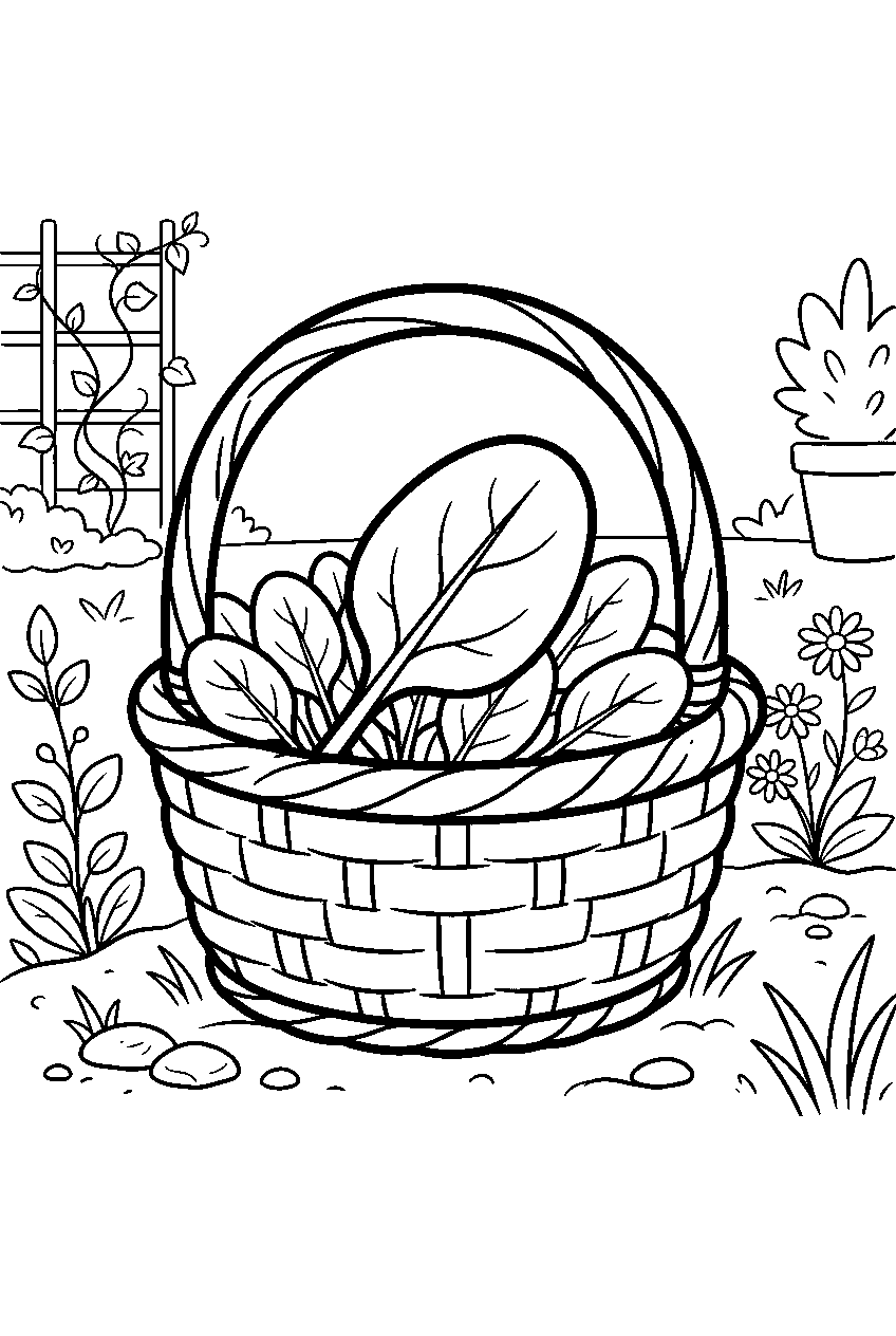 spinach leaf resting inside basket in garden line art