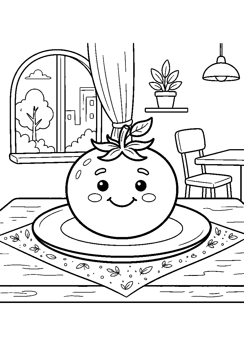 tomato smiling on simple plate at cafe line art