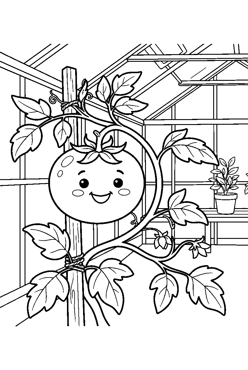 tomato smiling on vine inside greenhouse line art