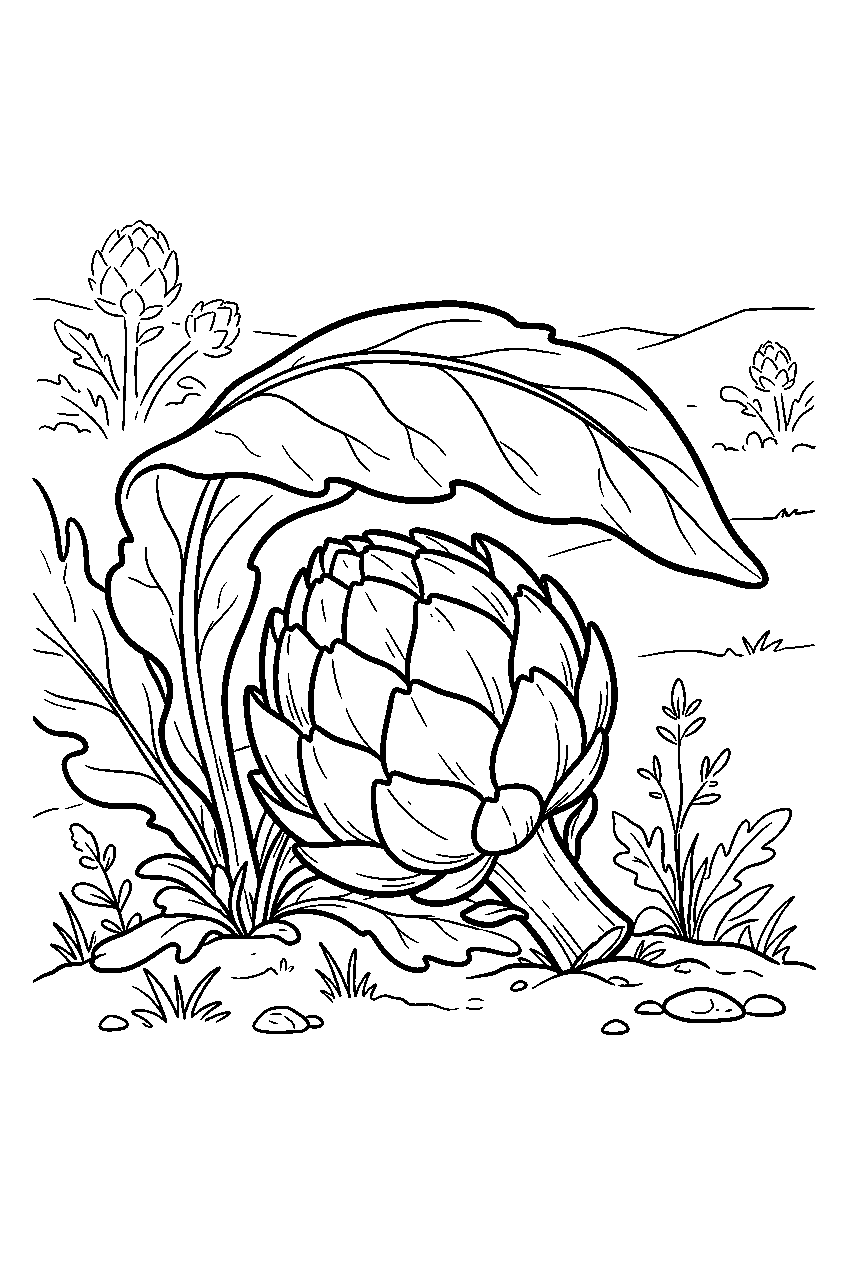 whole artichoke resting beneath leaf in garden field line art