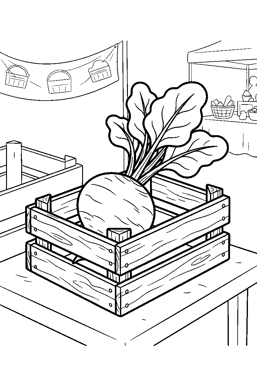 whole beet resting inside crate at farmers market line art