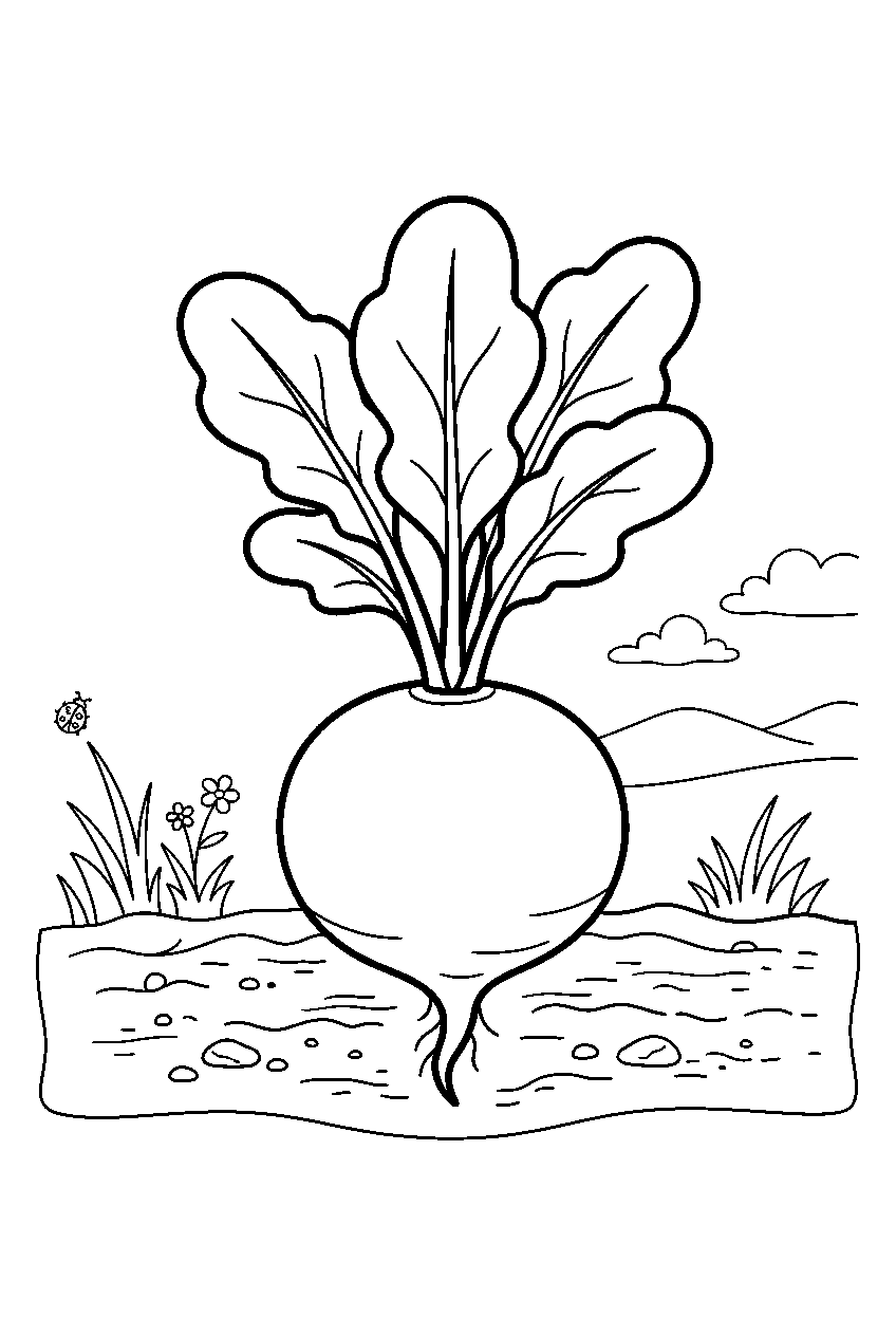 whole radish resting above soil in spring garden line art