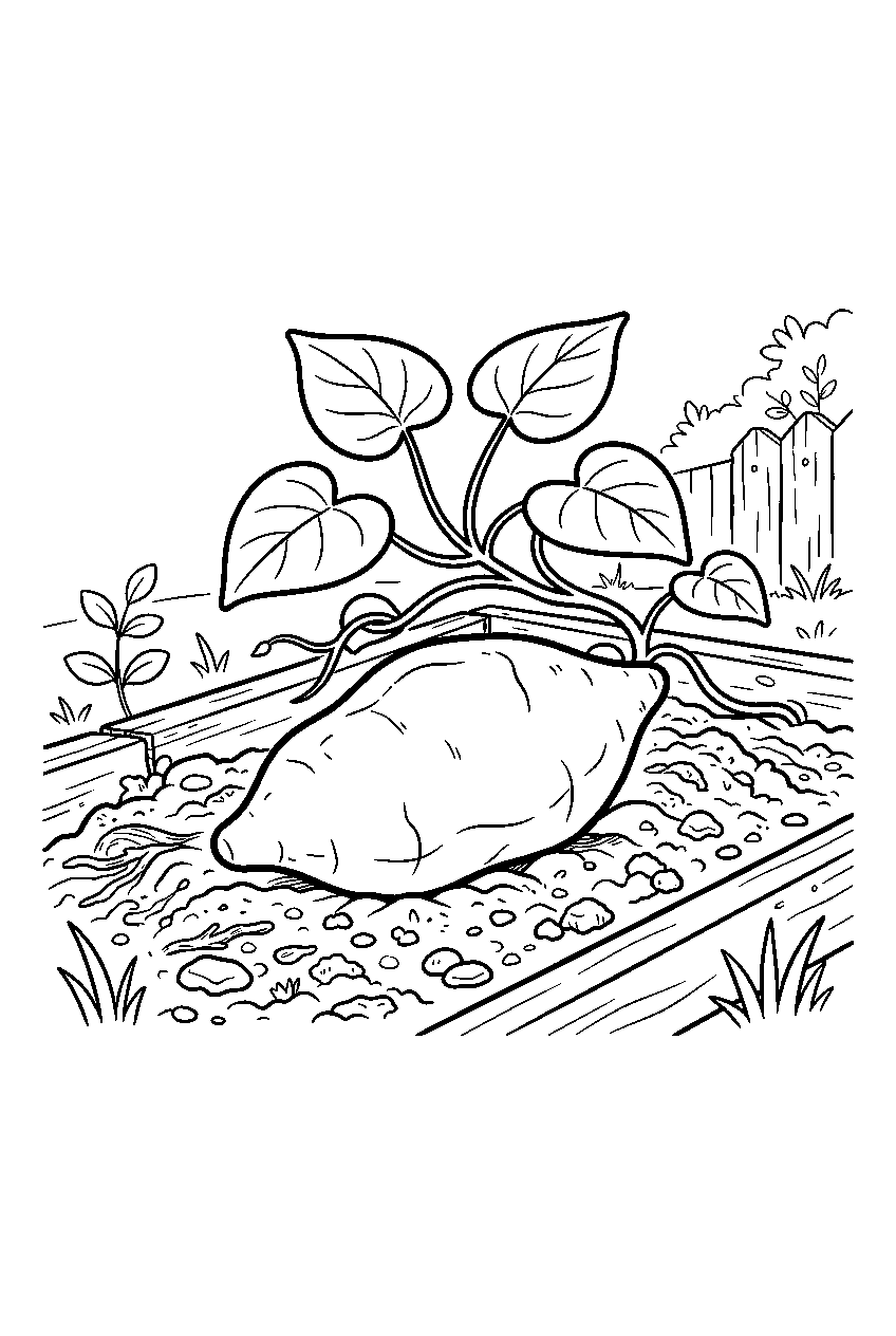 whole sweet potato resting above soil in garden patch line art