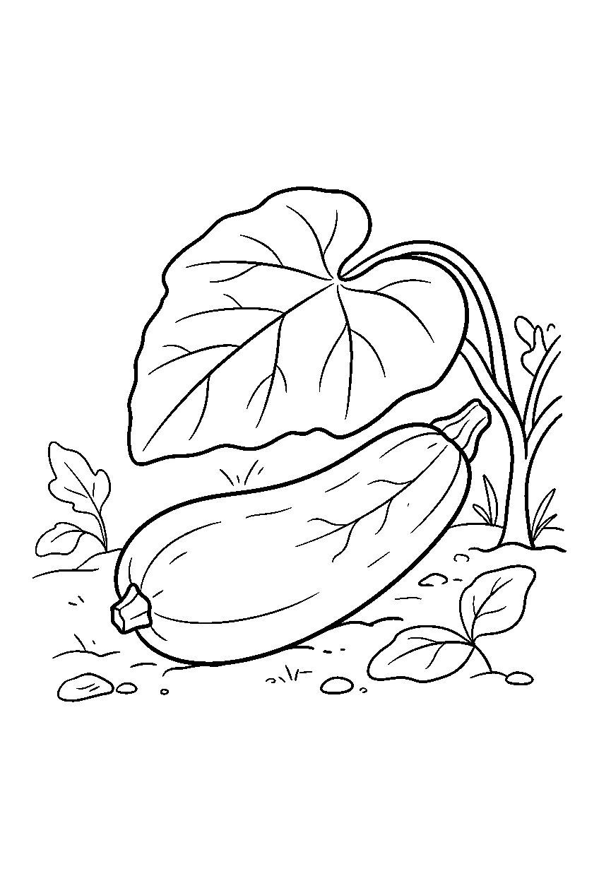 whole zucchini resting beneath leaf in summer garden line art