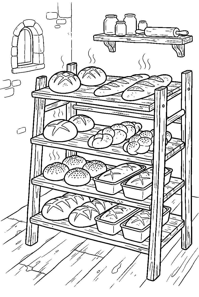 bakery breads cooling on wooden rack in village bakery line art