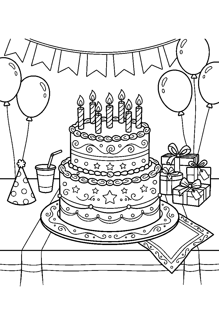 birthday cake decorated with candles at party table line art
