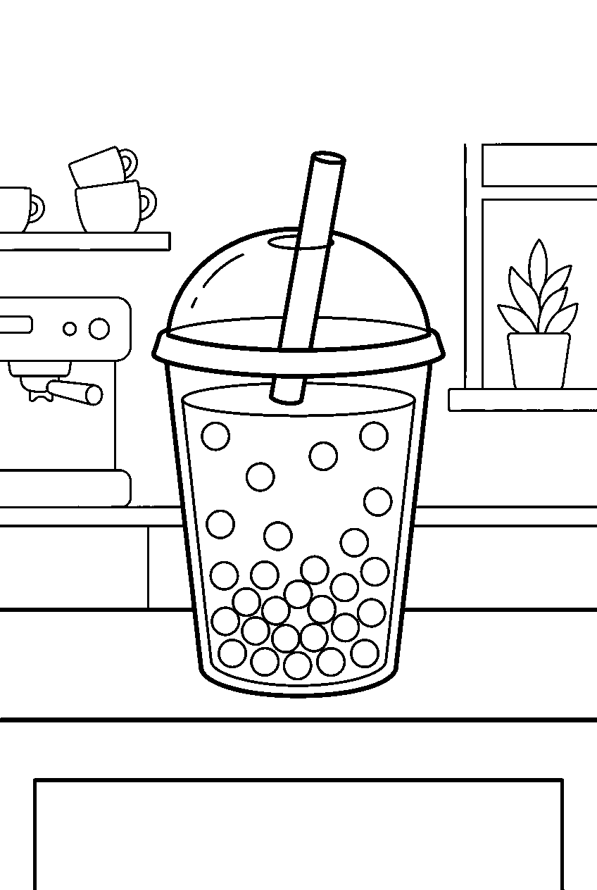 boba tea cup filled with pearls at cafe counter line art