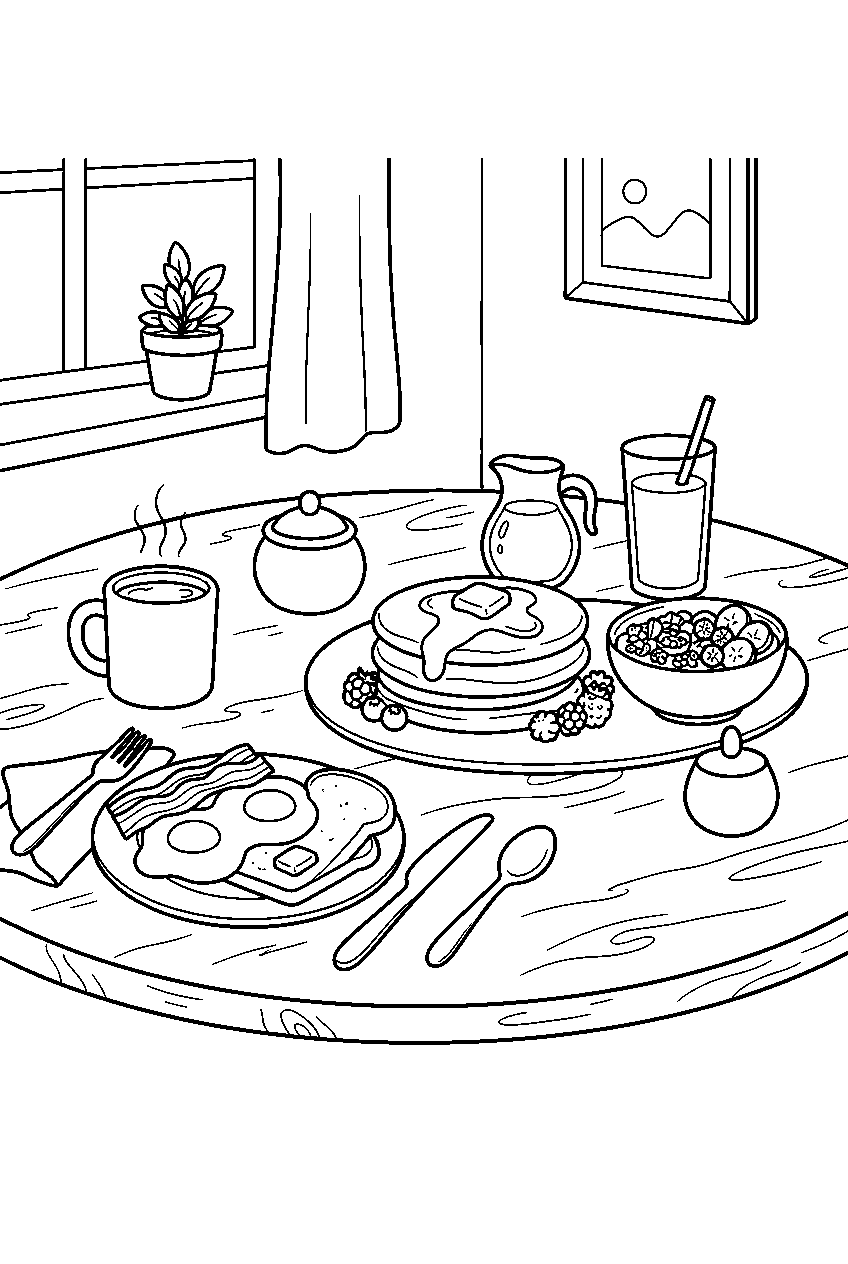 breakfast foods arranged on kitchen table line art