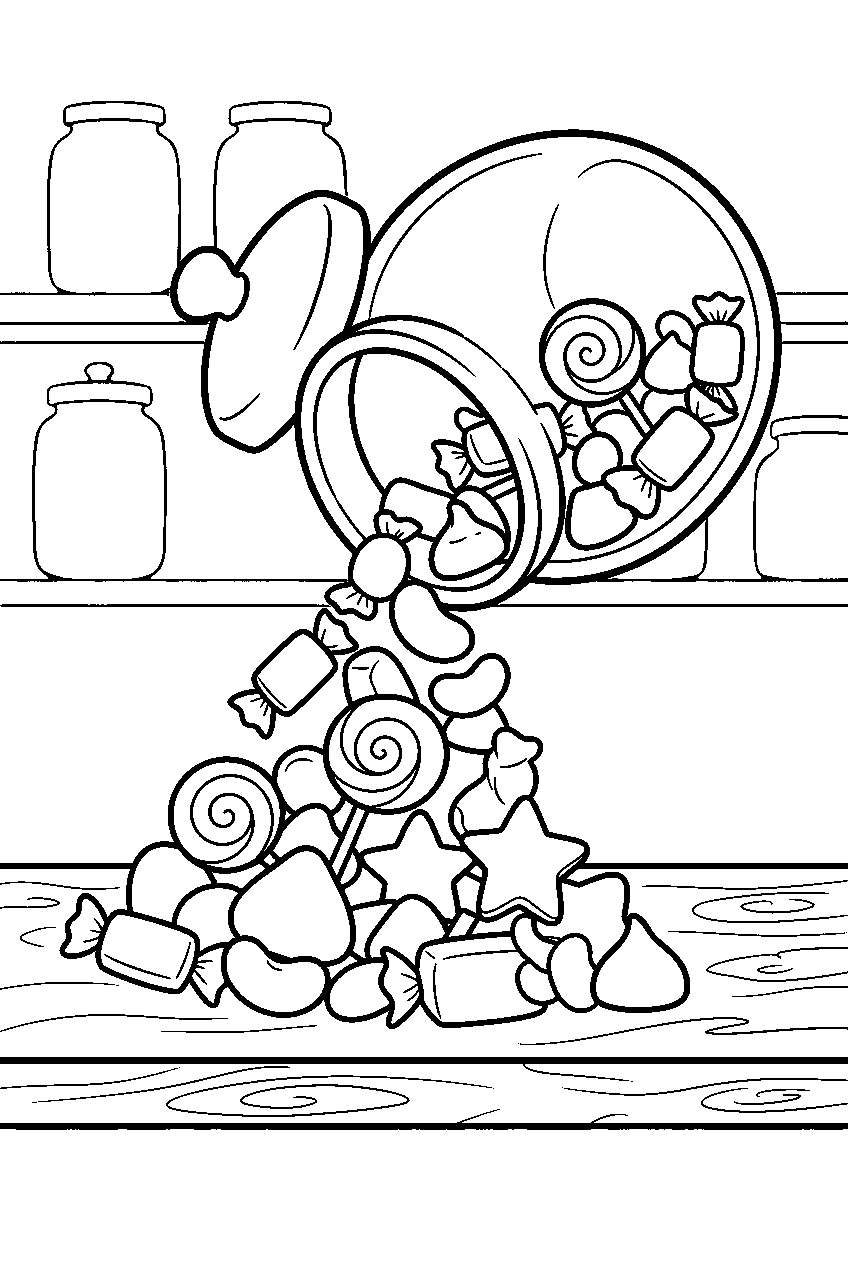 candy pieces spilling from jar in sweet shop line art