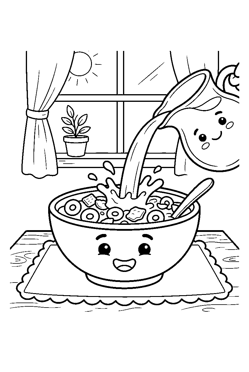 cereal bowl receiving milk in sunny breakfast nook line art