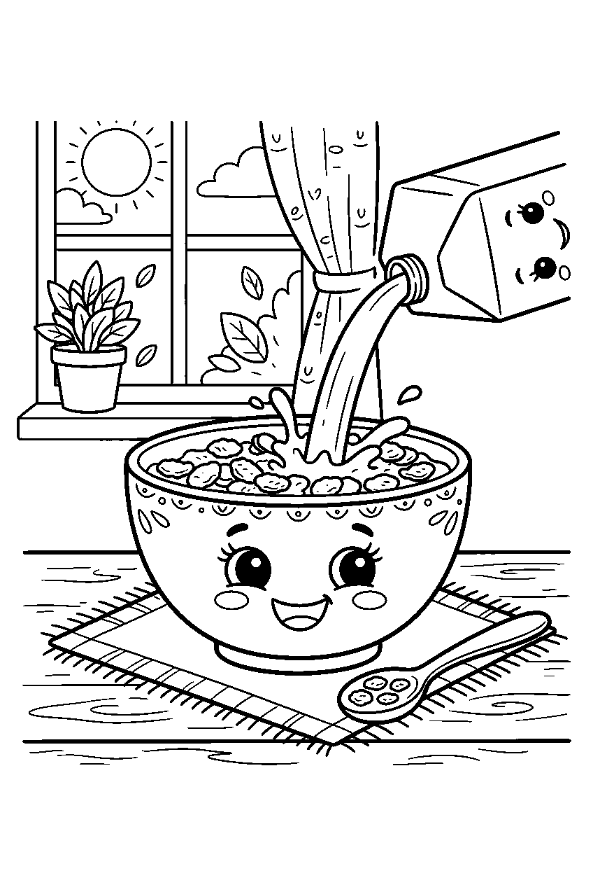 cereal bowl smiling while receiving milk in sunny breakfast nook line art