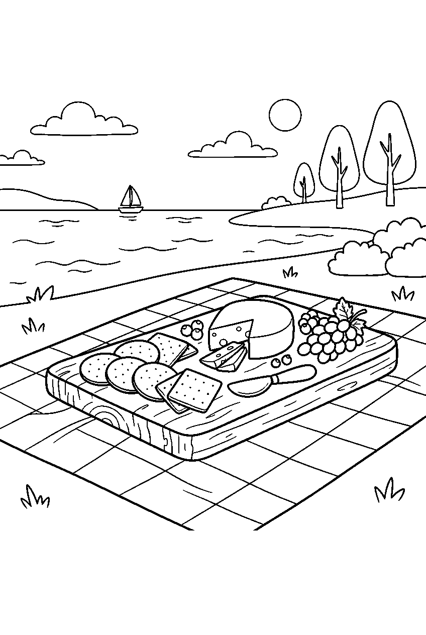 cheese and crackers arranged on picnic board by lake line art