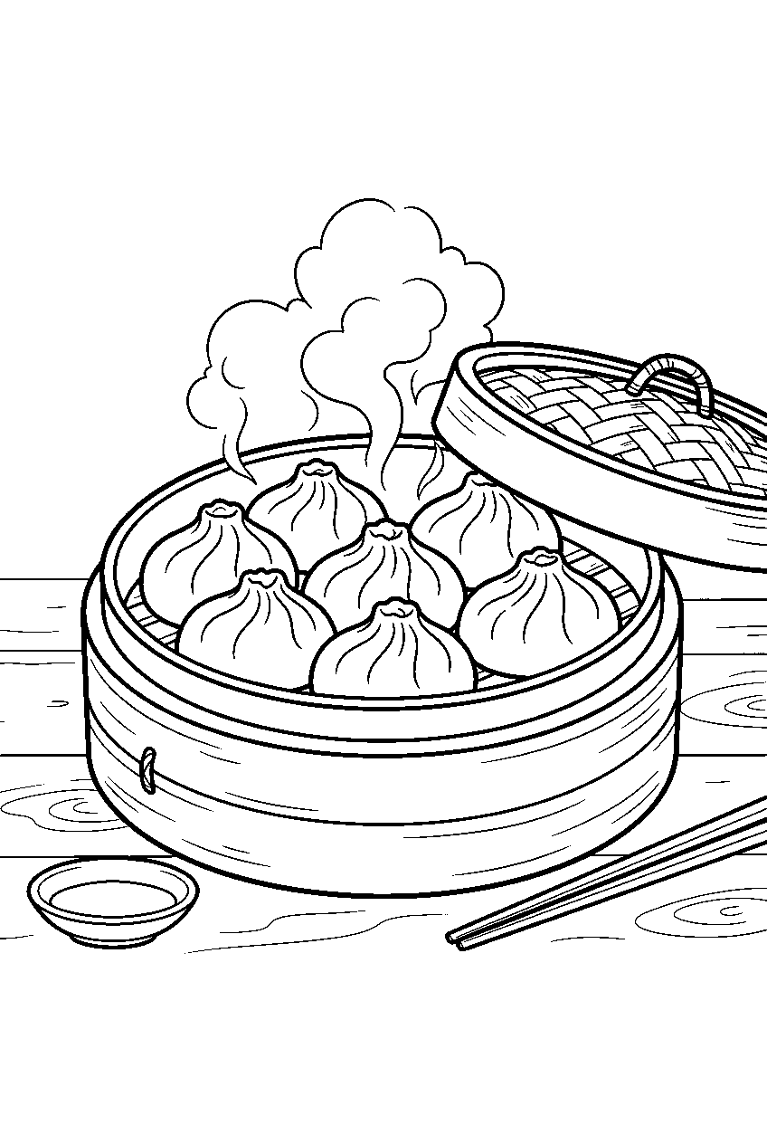 chinese dumplings steaming in bamboo basket at dim sum restaurant line art