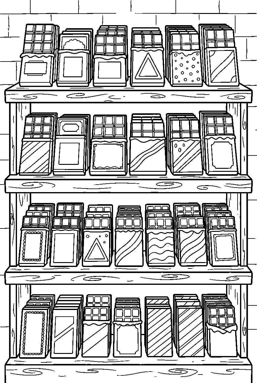 chocolate bars arranged on candy store shelf line art