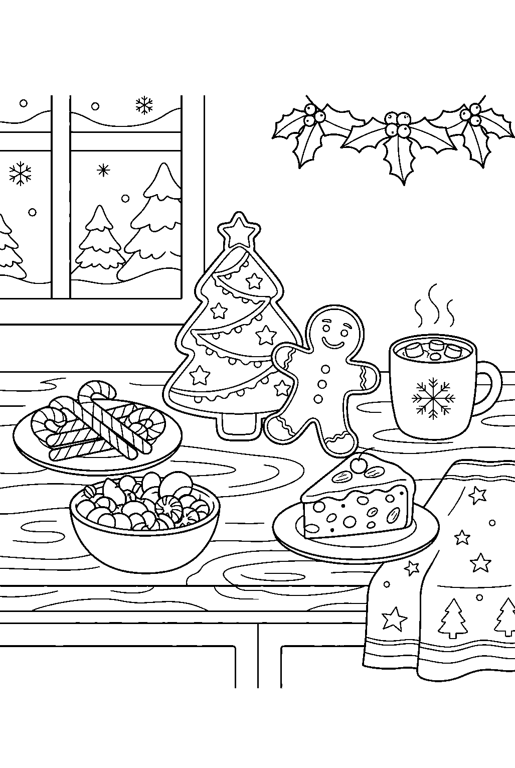 christmas foods arranged on holiday kitchen counter line art