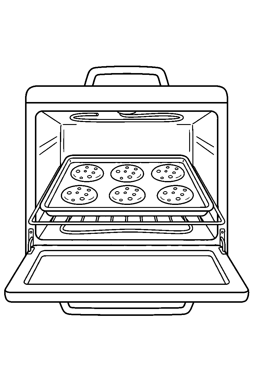 cookies baking on tray inside home oven line art
