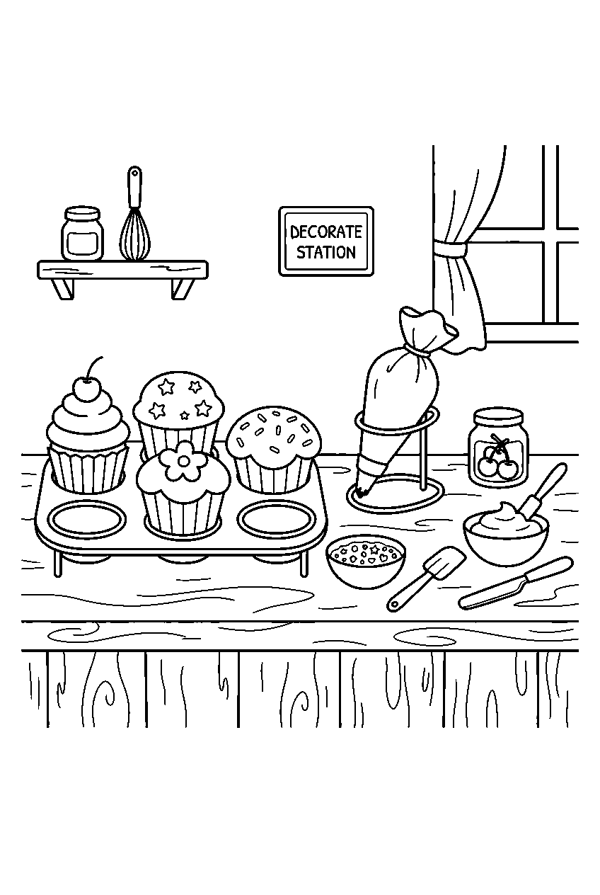 cupcakes topped with frosting at bakery decorating station line art
