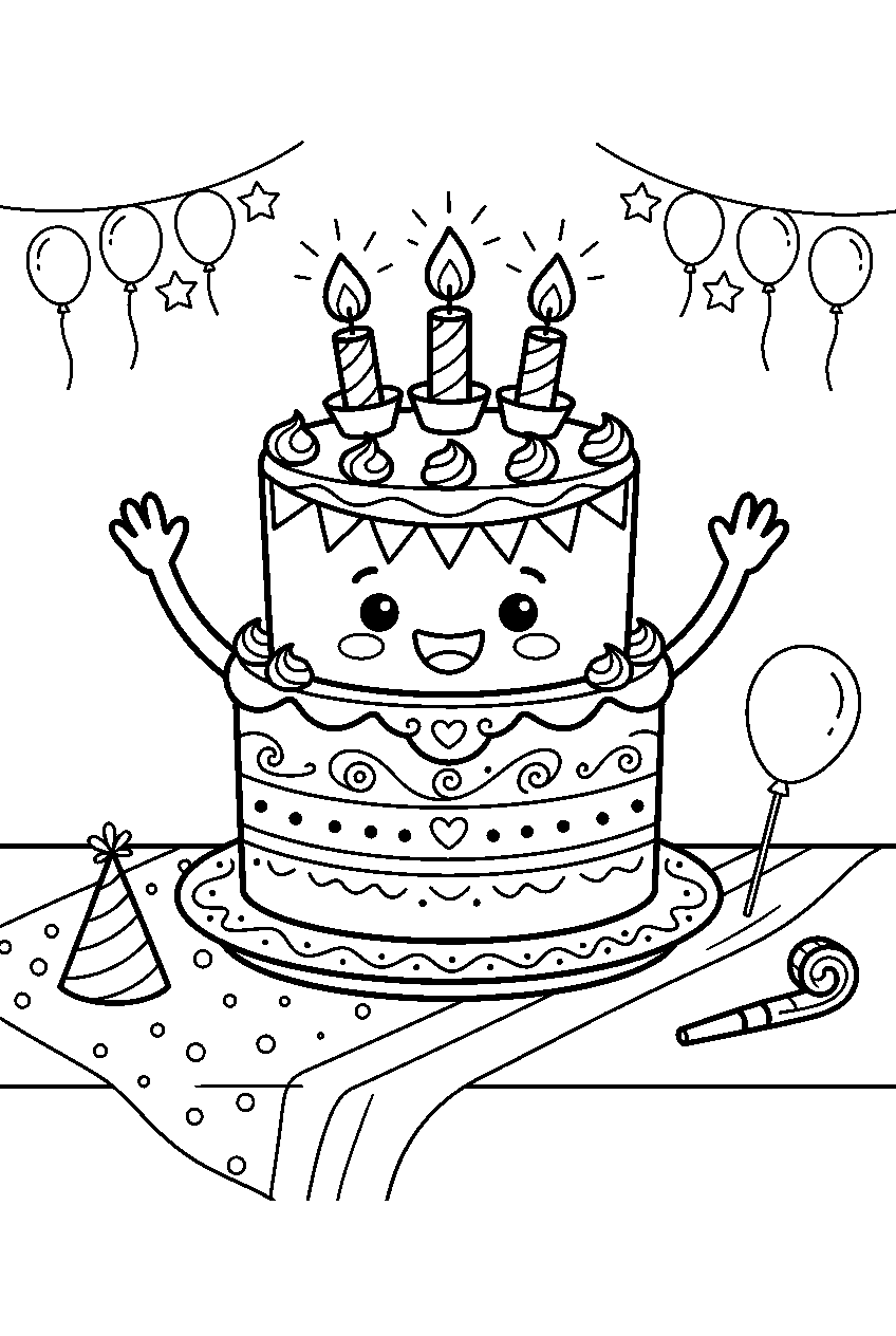 cute birthday cake cheering beneath candles at party table line art