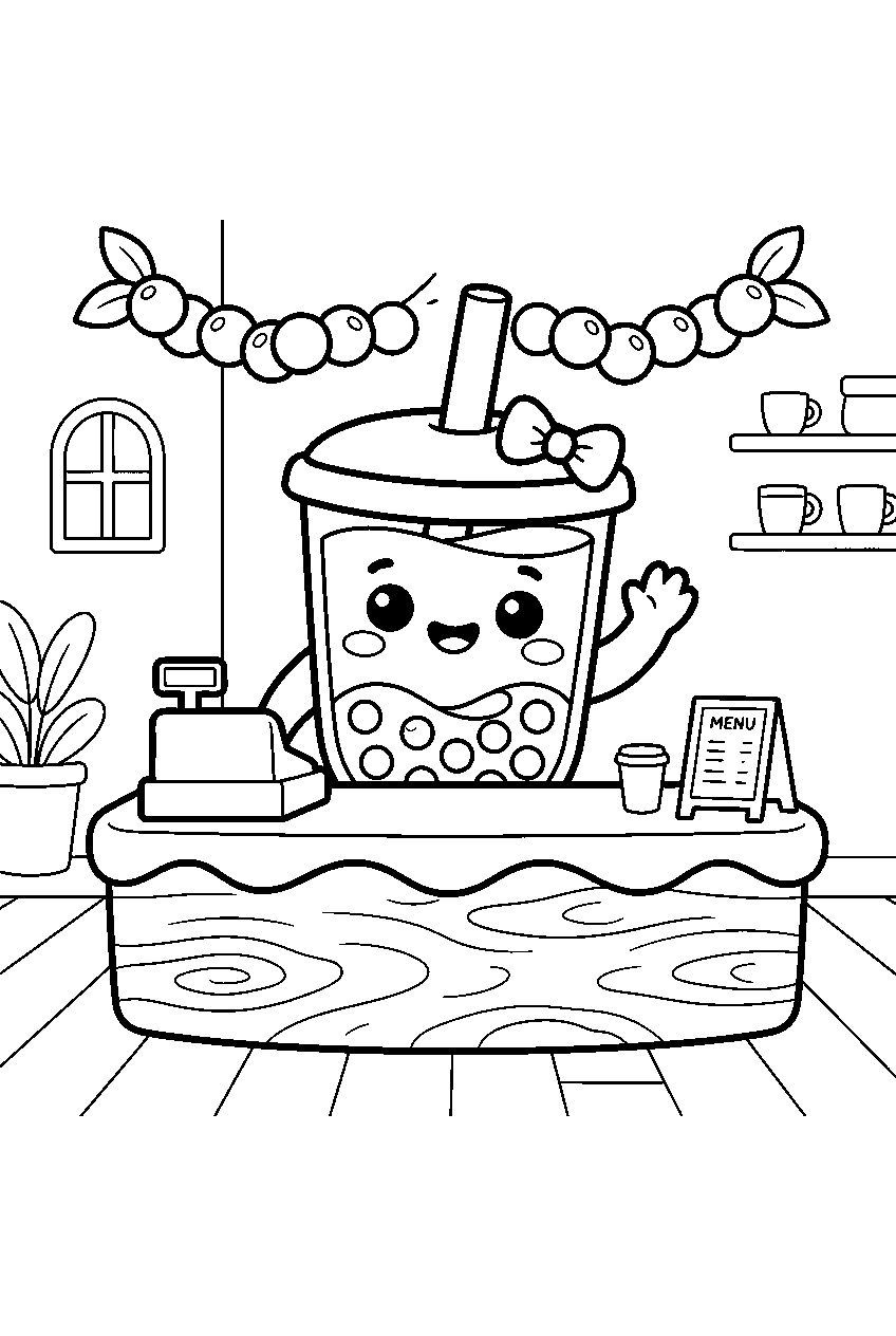 cute boba tea cup waving beneath pearls at cafe counter line art